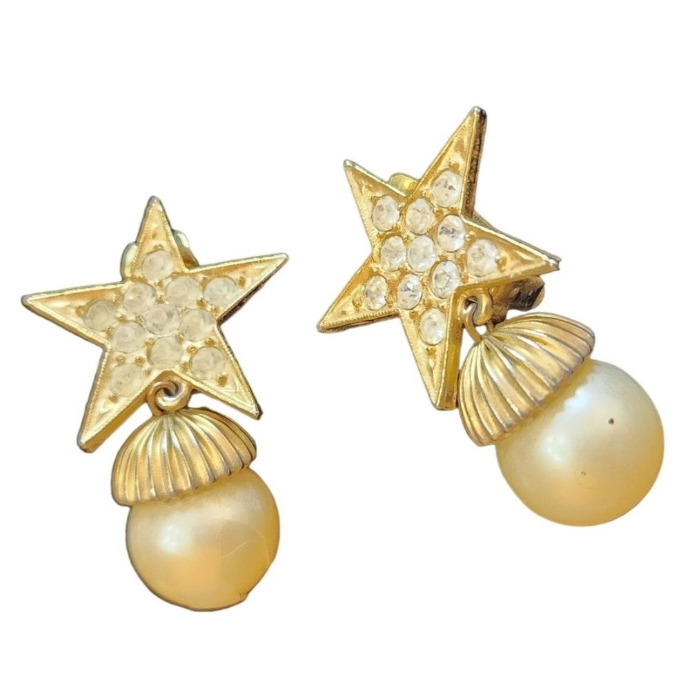 Vintage 80s Rhinestone Star Faux Pearl Dangle Clip Earrings (A2458)